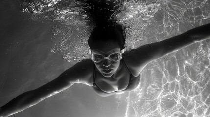 Underwater black and white photo of a woman swimming.