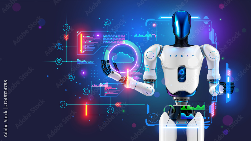 Fototapete AI management work robots on factory. Humanoid robot with artificial intelligence or AI synchronization cloud data on factory or manufacturer. Industry 4.0. AI technology, cloud computing. Concept.