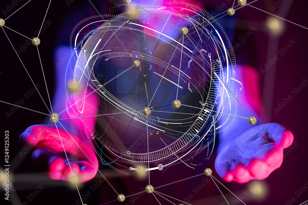 Aufkleber Global network. Blockchain. 3D illustration. Neural networks and artificial intelligence. Abstract