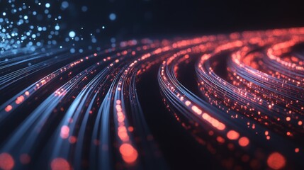 Close up of fiber optic and network cables with light rays, dynamic icons, and data transfer concept