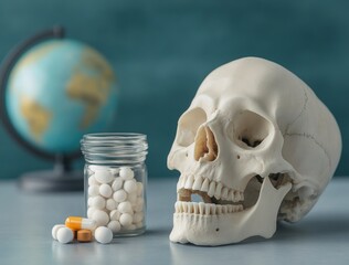 Human Skull with Pills and a Globe on a Table Background