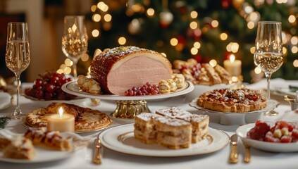 Naklejka premium Festive christmas dinner table with traditional dishes, sparkling wine, and twinkling tree lights