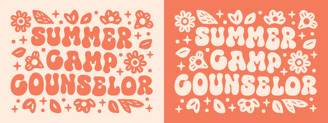 Summer camp counselor shirt design camping staff 80s groovy retro vintage floral hippie preppy orange aesthetic. Scout girls trip animator coordinator leader teacher printable card text illustration.
