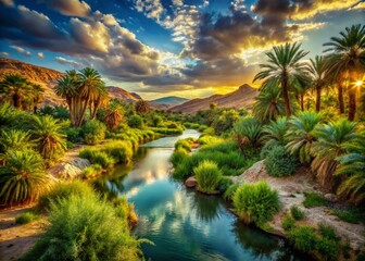 Mysterious Desert Oasis with Winding River, Lush Vegetation, and Dramatic Sky