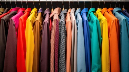 Colorful shirts hanging on a clothing rack
