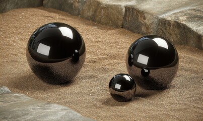 Three black spheres on sand near stones; abstract background, perfect for minimalist design