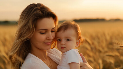 Fototapeta premium mother holds her baby in golden wheat field during sunset, radiating warmth and love. serene atmosphere captures essence of unconditional affection and connection