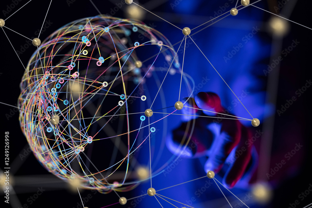 Poster Global network. Blockchain. 3D illustration. Neural networks and artificial intelligence. Abstract