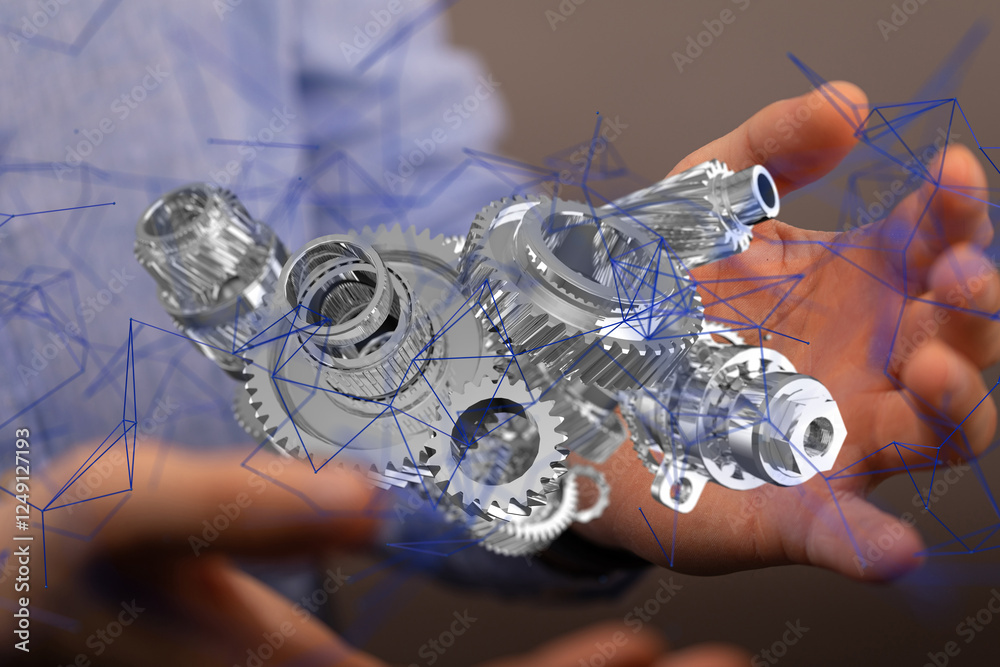 Poster gear system data. Connecting lines and dots.Big data visualization  - neural network exposure digital
