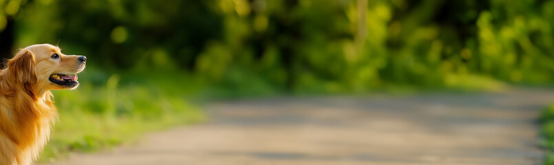 Golden retriever dog during walk in sunny summer park. Horizontal banner