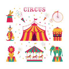 Card with circus set with ten, clown, bike.