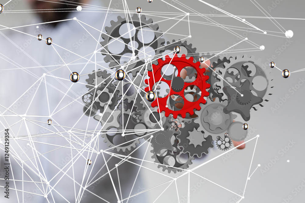 Poster gear system data. Connecting lines and dots.Big data visualization  - connection
