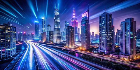 Fototapeta premium Night Cityscape Light Trails, Urban Glow, High-Resolution Stock Photo