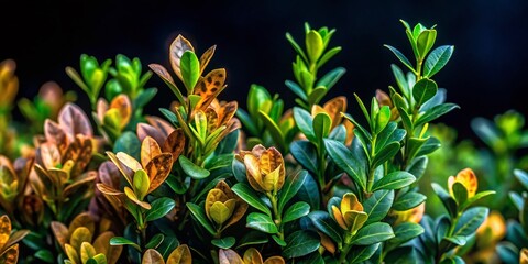 Night Close-up: Buxus Plant Damaged by Invasive Pest