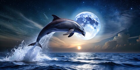 Night Dolphin Leap: Magical Ocean Mammal Jumping in Moonlight