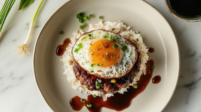 Delicious loco moco with fried egg and gravy on rice