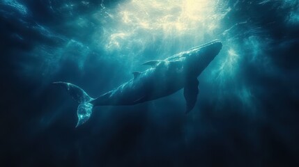 Obraz premium Whale swimming ocean depths, sunlight above, underwater scene, nature documentary