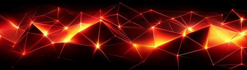 A vibrant abstract design featuring interconnected lines and glowing points in shades of red and orange against a dark background.