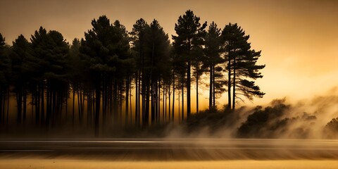 Majestic forest at dawn with mist rising from the ground and golden light filtering through trees