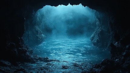Mysterious cave entrance, dark water, misty interior, fantasy background, game design