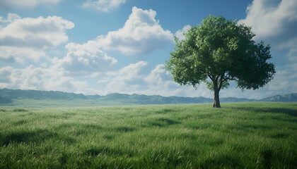 Fototapeta premium Solitary tree in lush green field under blue sky with fluffy clouds