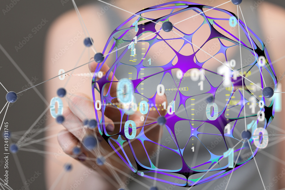 Aufkleber Global network. Blockchain. 3D illustration. Neural networks and artificial intelligence. Abstract  3d
