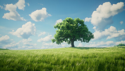 Solitary tree in lush green field under blue sky with fluffy clouds