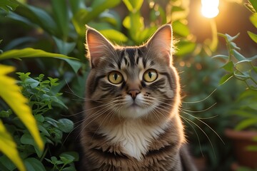 Curious cat peeking through bushes in a lush garden during early morning light exploring its surroundings 
