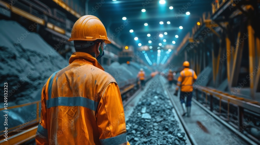 Poster workers in safety gear walk along railway tracks between piles of coal in a brightly lit coal mine, 