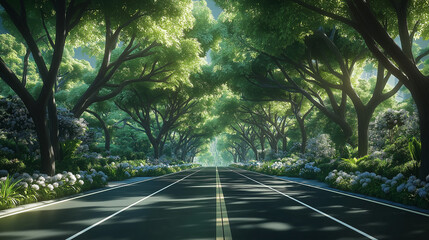 Obraz premium The beautiful road in the future with both sides of the street covered by a lush and Landscape with trees. Generated AI Illustration.