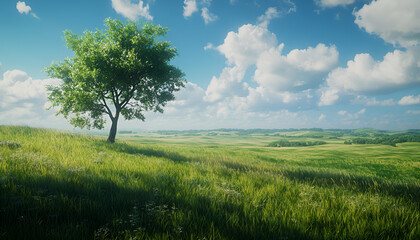 Solitary tree in lush green field under blue sky with fluffy clouds