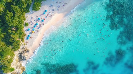 Aerial view Tropical beach, turquoise water, crowded shoreline, lush foliage. Vacation travel