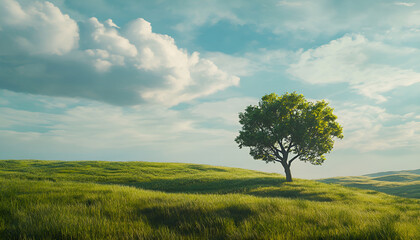 Obraz premium Solitary tree in lush green field under blue sky with fluffy clouds