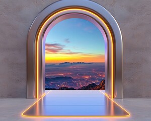 Fototapeta premium Entry Passage Potential by Grand Doorways and Archways Leading to a Bright Future of Modern archway with stunning sunset view.
