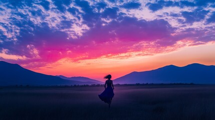 Obraz premium Woman in dress runs towards vibrant sunset over mountains and field.
