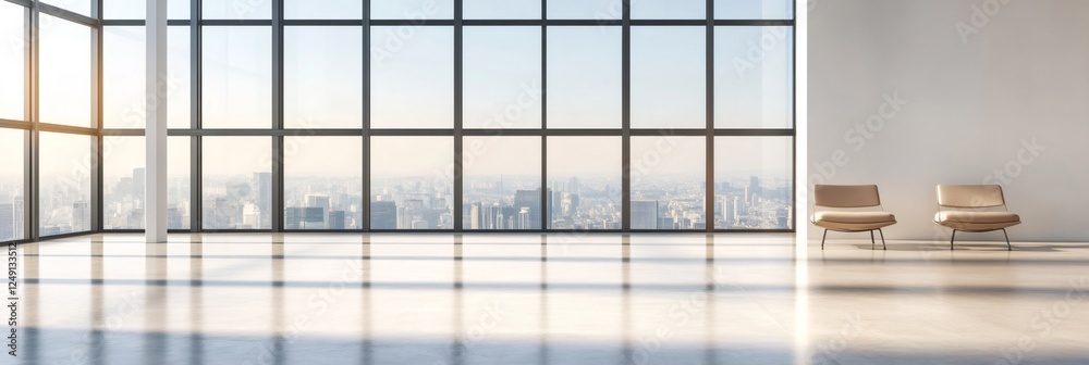 Aufkleber sunlight illuminates a modern office space with large windows offering a panoramic view of a bustlin