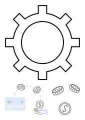 Gear with coins, hand holding coin, and credit card. Ideal for financial services, economic mechanisms, business processes, financial technology, banking transactions automation. Line metaphor
