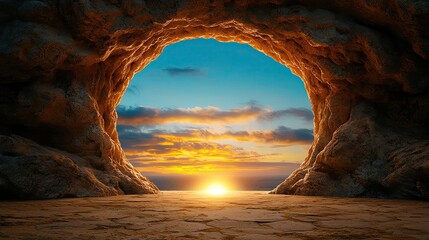 Entry Passage Potential by Illuminated Tunnel or Gateway with Light at the End of Scenic view of sunset through a rocky cave.