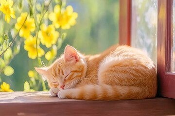 Orange tabby cat curled up peacefully on a windowsill surrounded by vibrant yellow flowers, capturing a serene moment of relaxation and warmth, pet concept