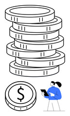 Stack of coins, coin with dollar sign, and person with tablet representing finance, budgeting, investments, savings, business growth, technology and modern financial tools. Abstract line flat