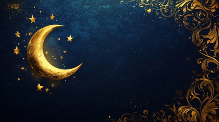 Naklejka premium Golden Crescent Moon with Stars and Ornate Floral Design Night Sky Background