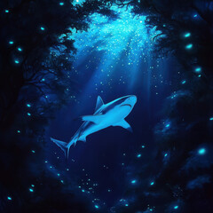 Fototapeta premium shark gliding through deep sea environment, surrounded by glowing particles and illuminated by soft light, creates serene and captivating underwater scene