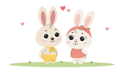 Cute cartoon couple of bunnies in love. Set of cute animal couples in love. Vector illustration.