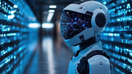 Futuristic robot in digital corridor.