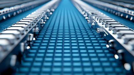 Fototapeta premium A close-up view of an industrial conveyor belt with a blue grid background, showcasing metallic components arranged in a linear fashion.