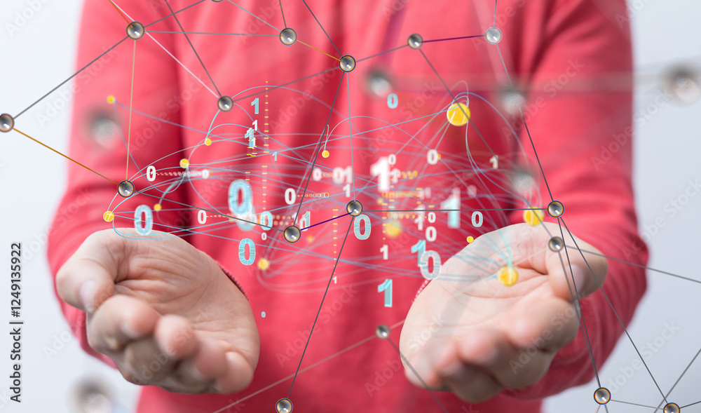 Poster Global network. Blockchain. 3D illustration. Neural networks and artificial intelligence. Abstract  3d