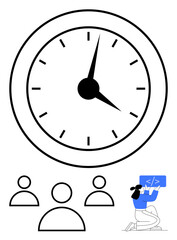Giant clock foreground, three simple figures represent teamwork, coder kneeling with code box. Ideal for deadlines, teamwork, productivity, task management, focus, coding abstract line flat metaphor