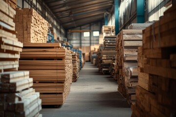 Lumber warehouse storage, wood stacks, industrial building, inventory, construction material