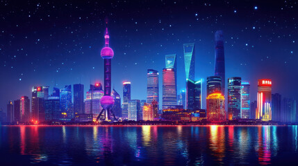 vibrant futuristic city skyline illuminated against night sky, showcasing modern architecture and colorful lights reflecting on water