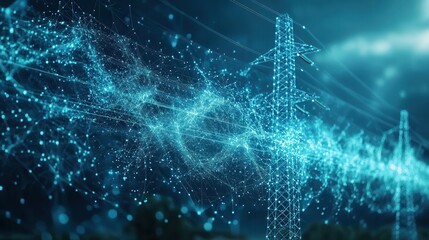 Energy grid, night, transmission, power lines, data flow, digital, electricity, future, technology, stock photo